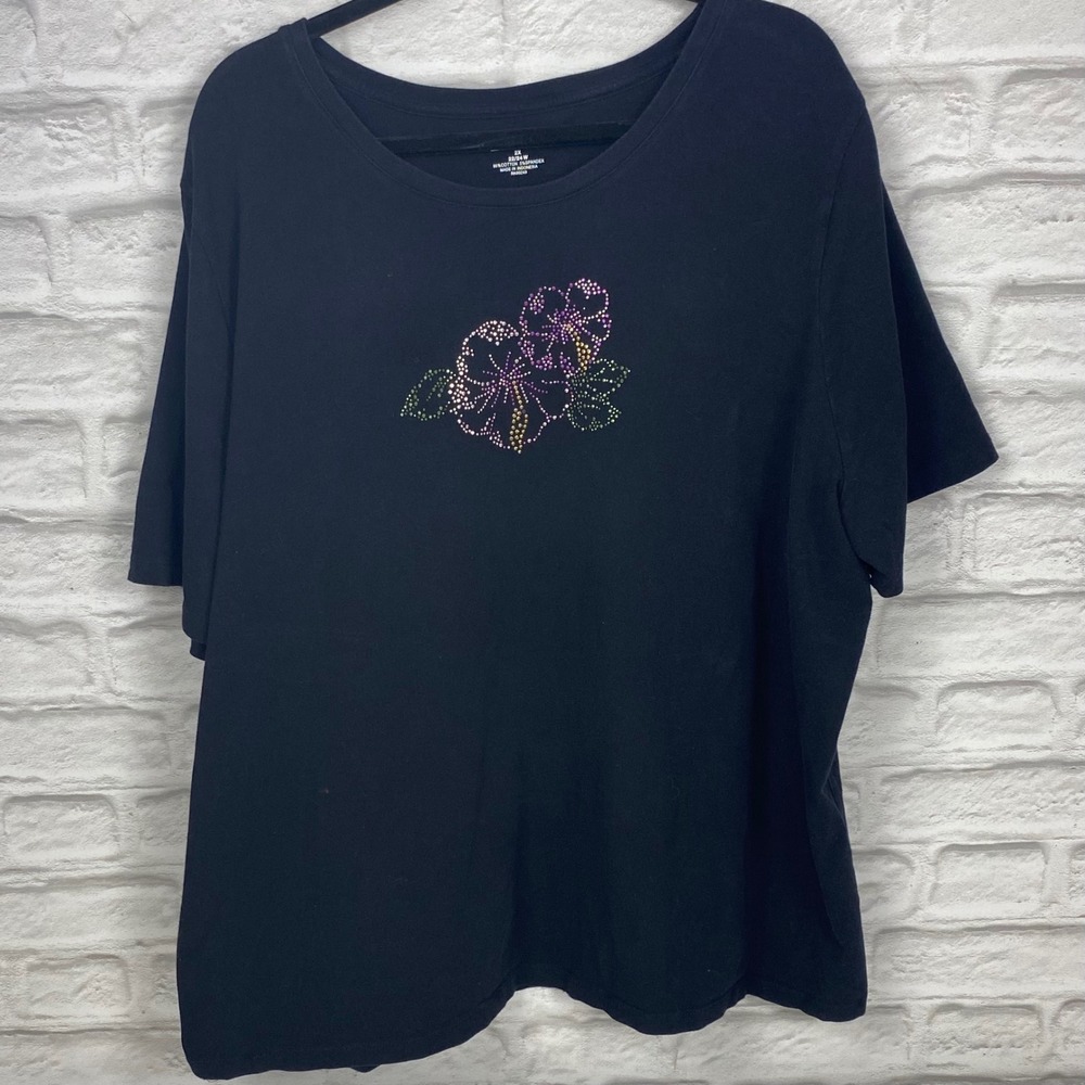 Liz & Me Womens 2X 22/24W Black Rhinestone Floral Short Sleeve T-Shirt